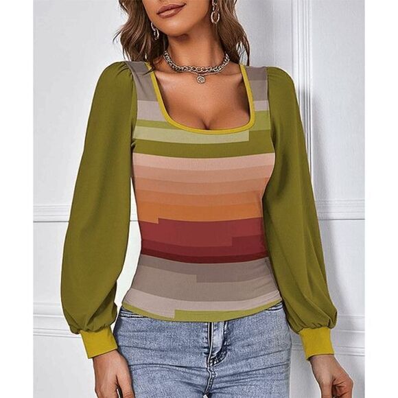 Tops - Green & Red Stripe Bishop-Sleeve Scoop Neck Top L #1888-D2
